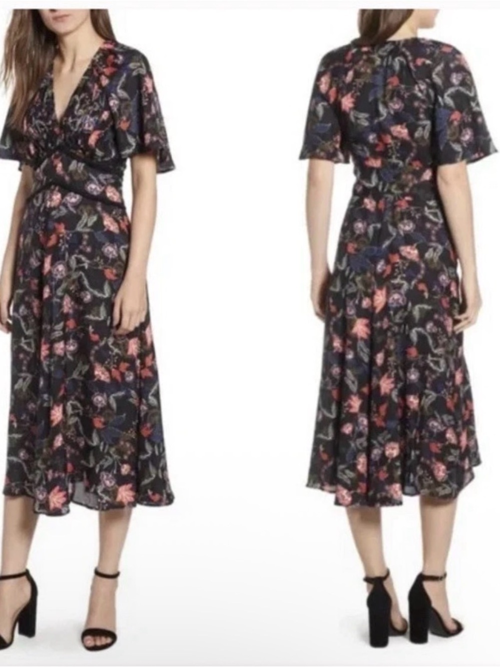 CHELSEA28 Women’s Black Floral Bohemian Midi Dress Flutter Sleeves Size S